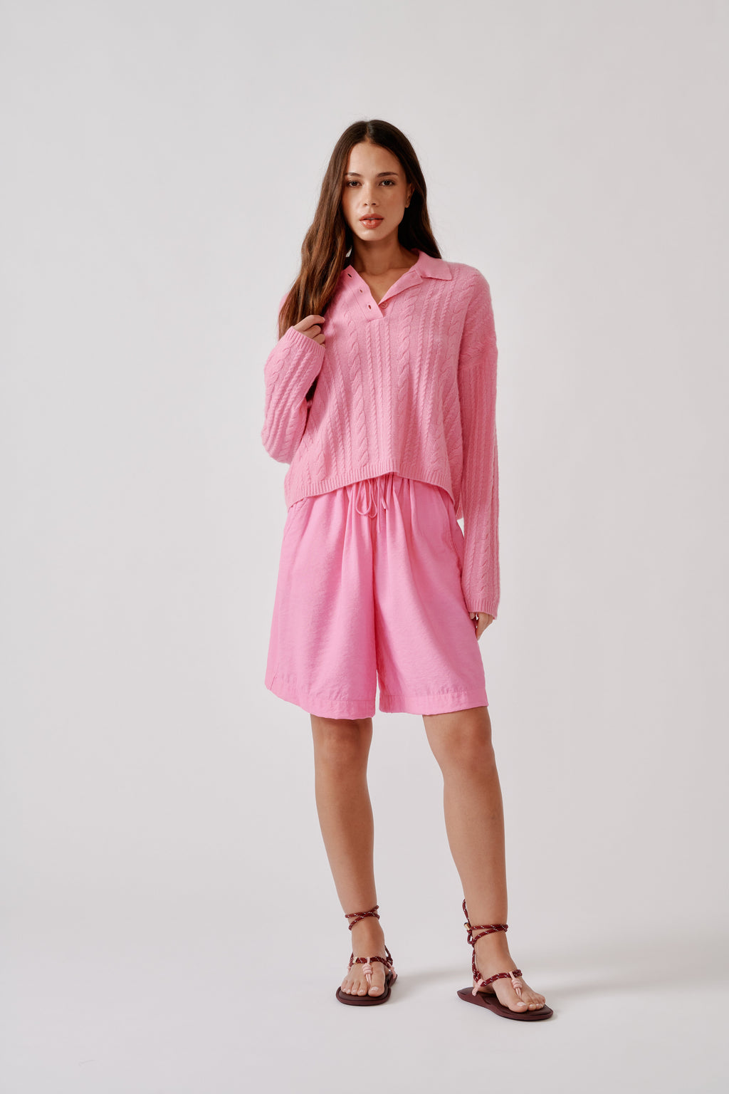 ELSIE RELAXED LS CASHMERE POLO SWEATER | DAHLIA PINK
