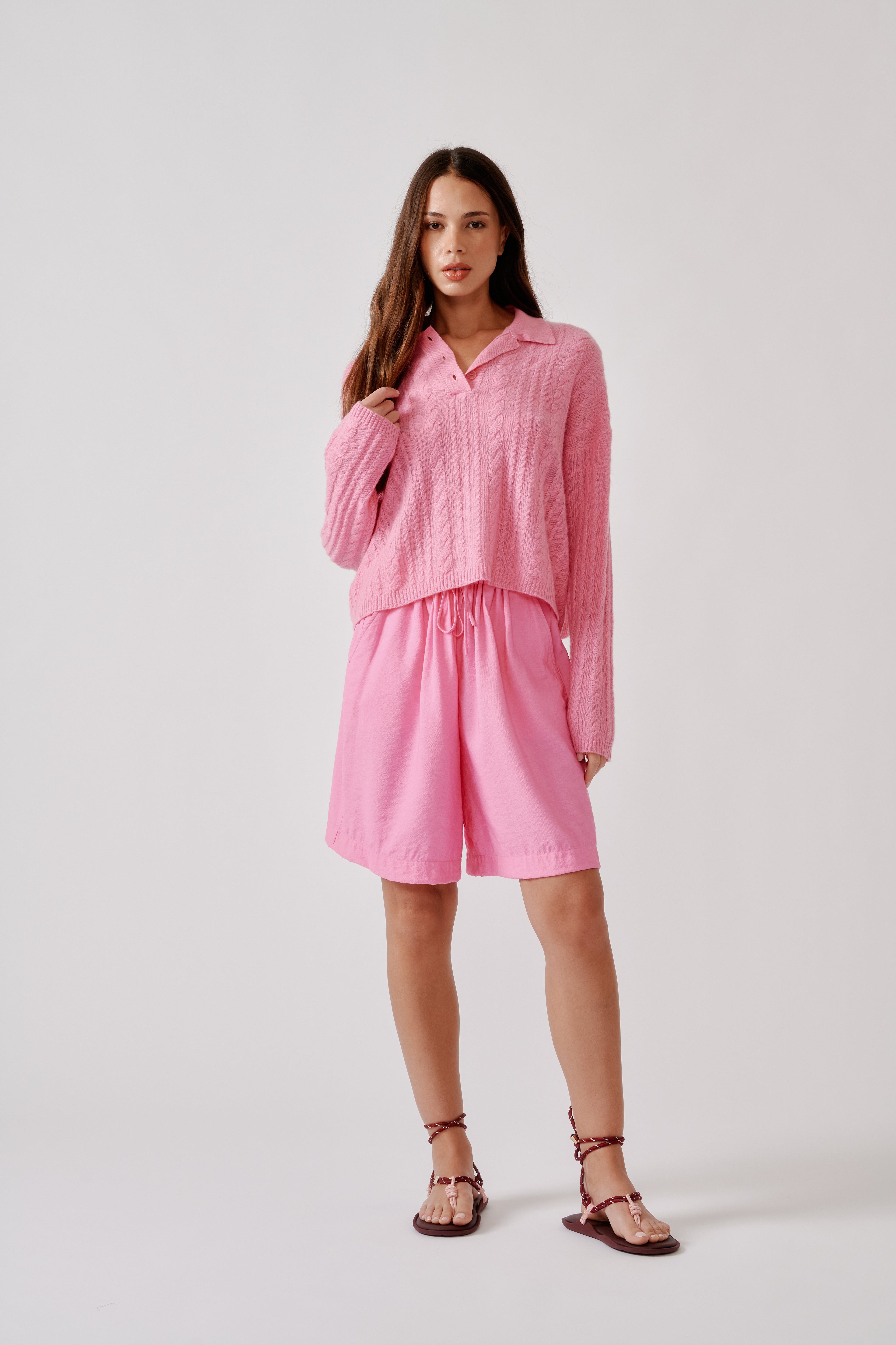 ELSIE RELAXED LS CASHMERE POLO SWEATER | DAHLIA PINK
