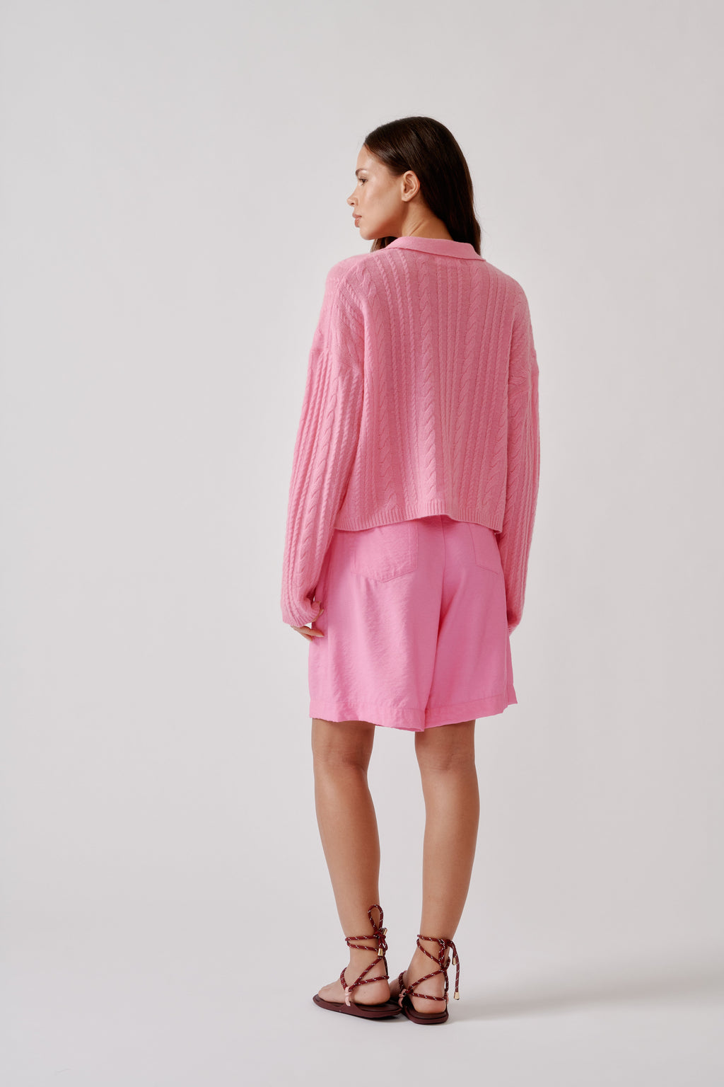 ELSIE RELAXED LS CASHMERE POLO SWEATER | DAHLIA PINK