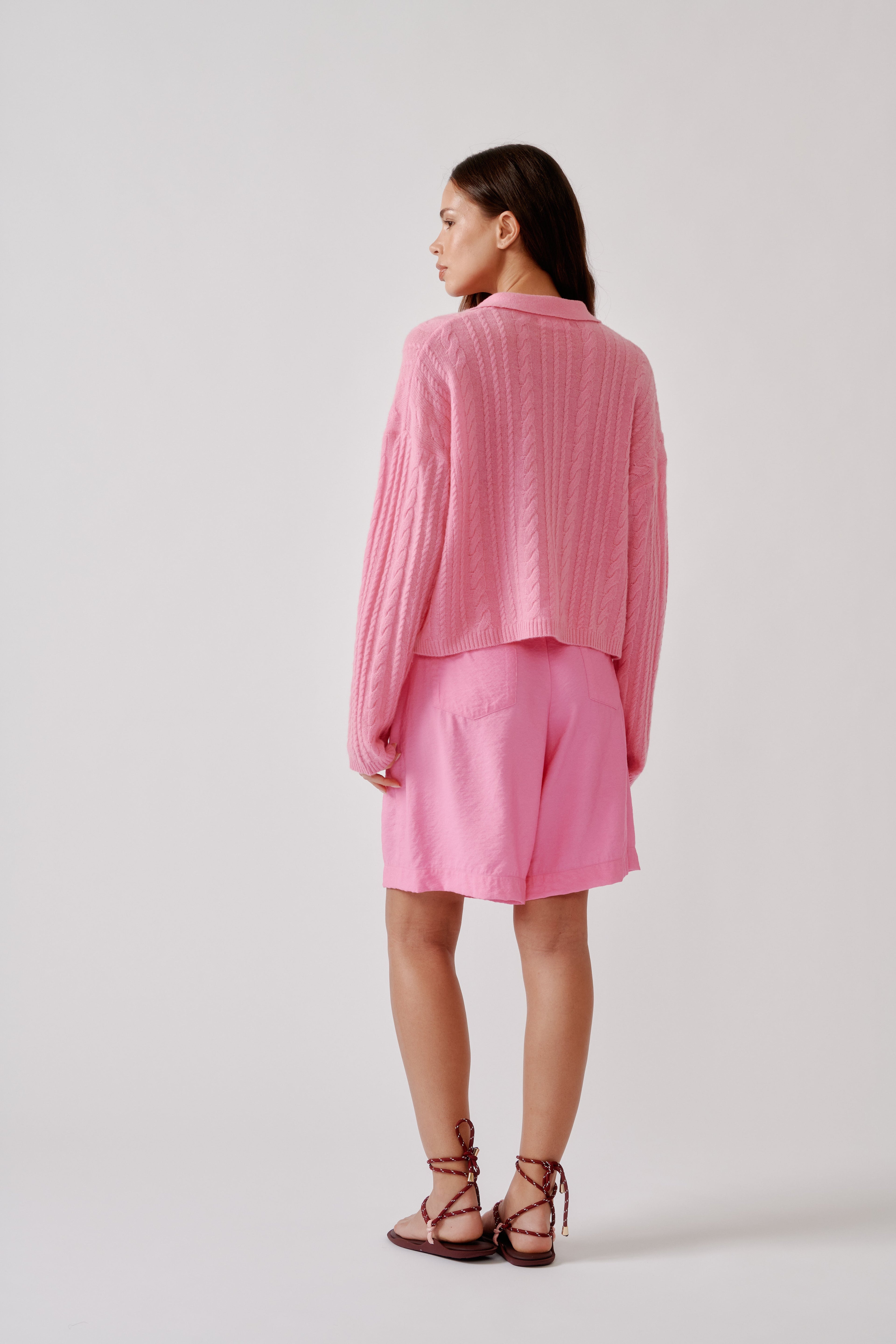 ELSIE RELAXED LS CASHMERE POLO SWEATER | DAHLIA PINK