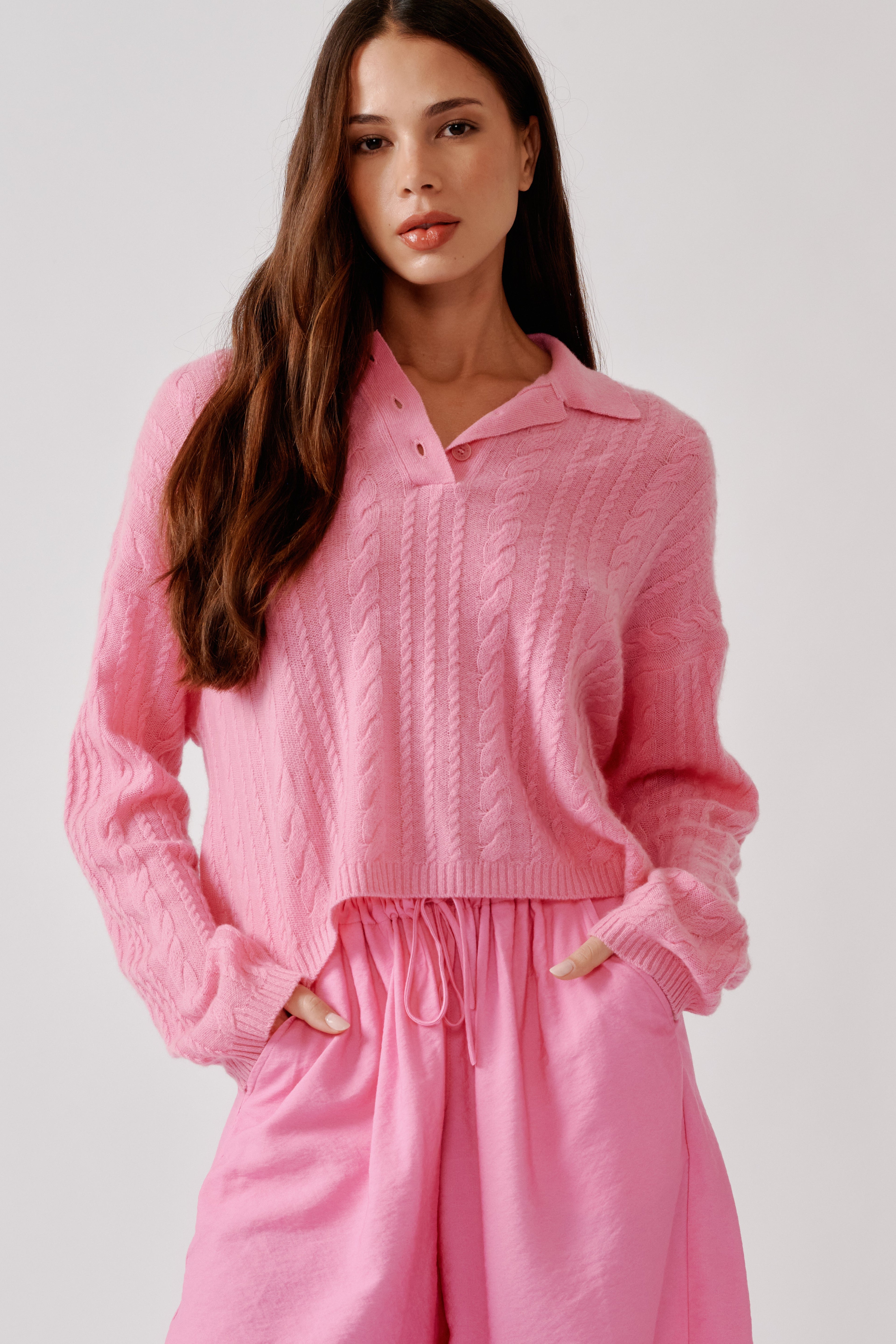 ELSIE RELAXED LS CASHMERE POLO SWEATER | DAHLIA PINK