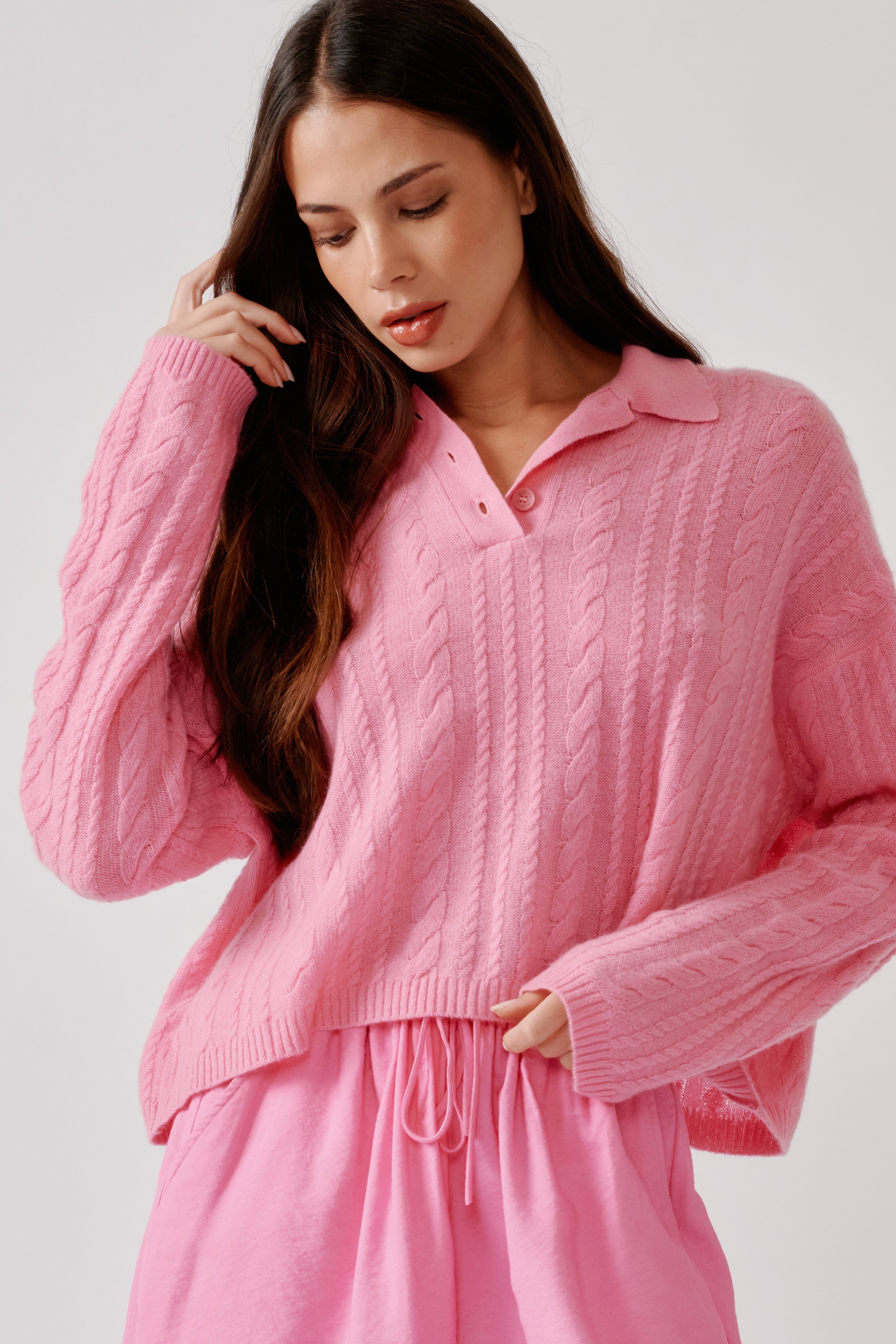 ELSIE RELAXED LS CASHMERE POLO SWEATER | DAHLIA PINK