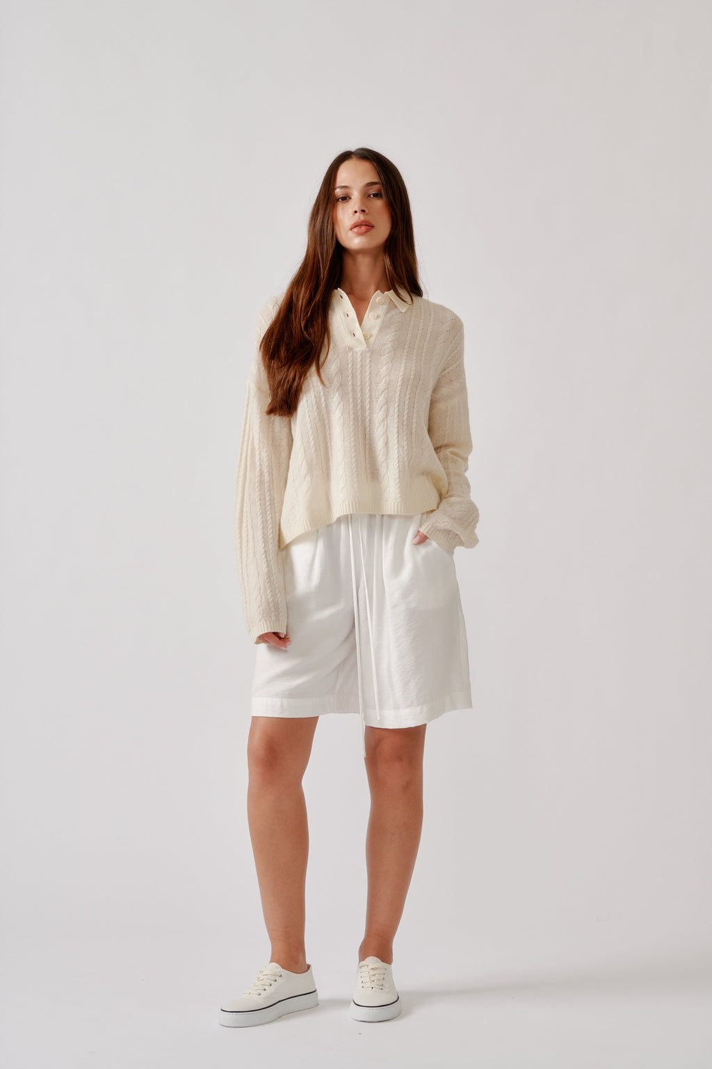 ELSIE RELAXED LS CASHMERE POLO SWEATER | GARDENIA