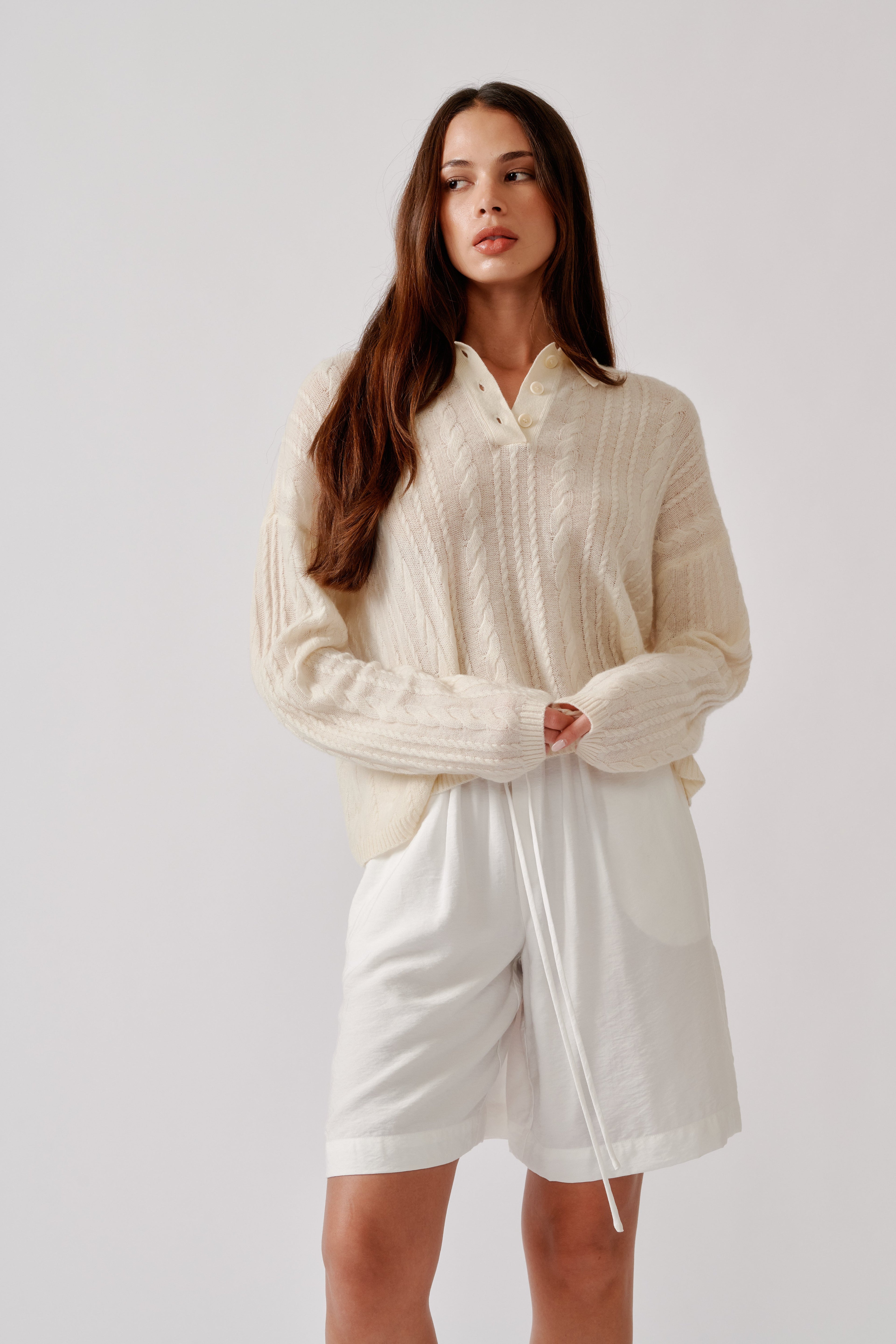 ELSIE RELAXED LS CASHMERE POLO SWEATER | GARDENIA