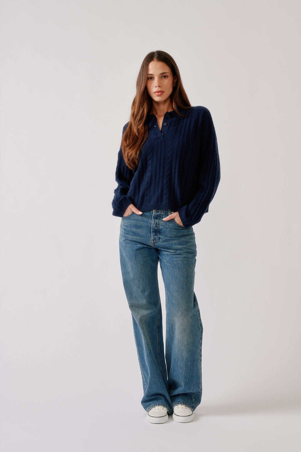 ELSIE RELAXED LS CASHMERE POLO SWEATER | MIDNIGHT NAVY