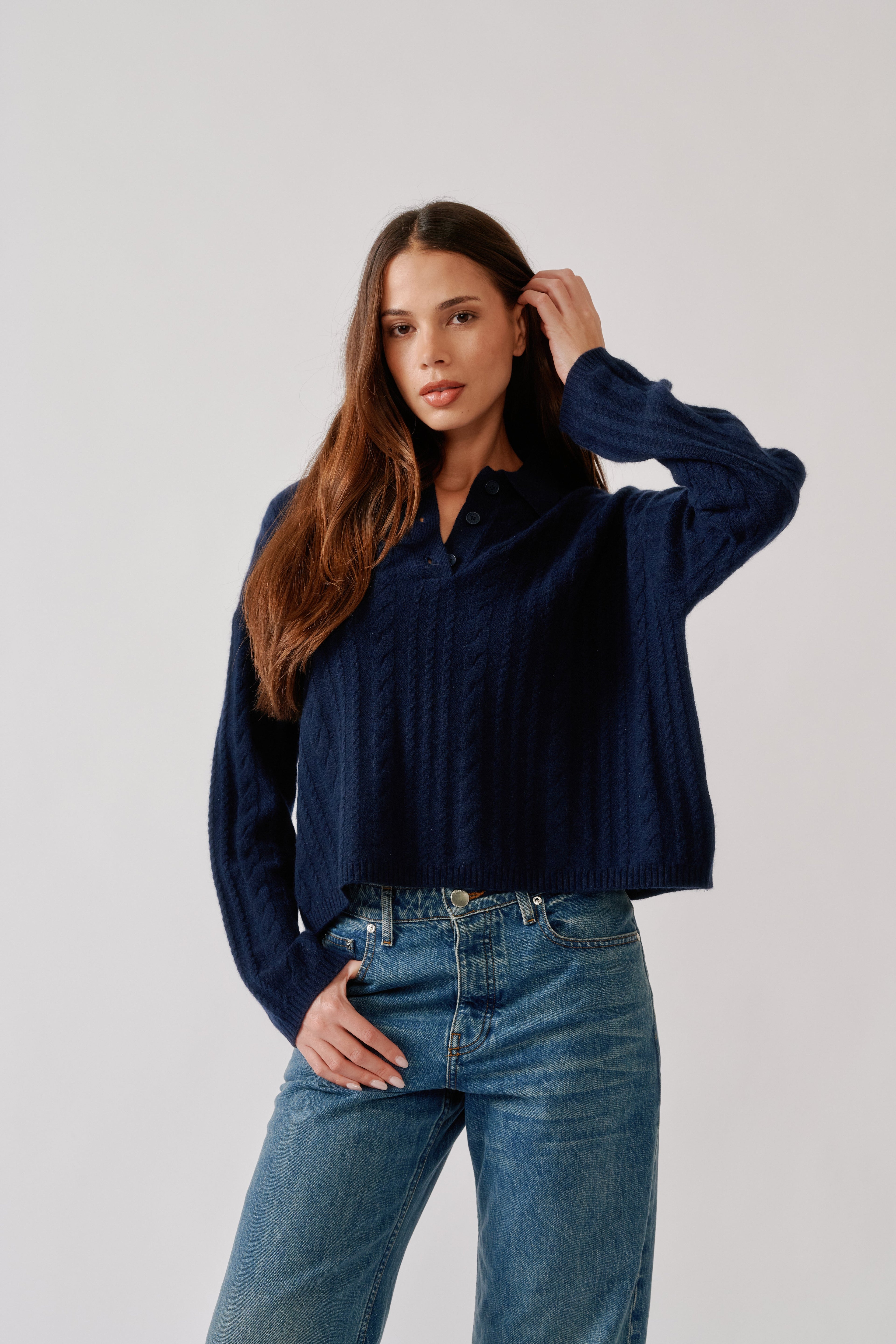 ELSIE RELAXED LS CASHMERE POLO SWEATER | MIDNIGHT NAVY