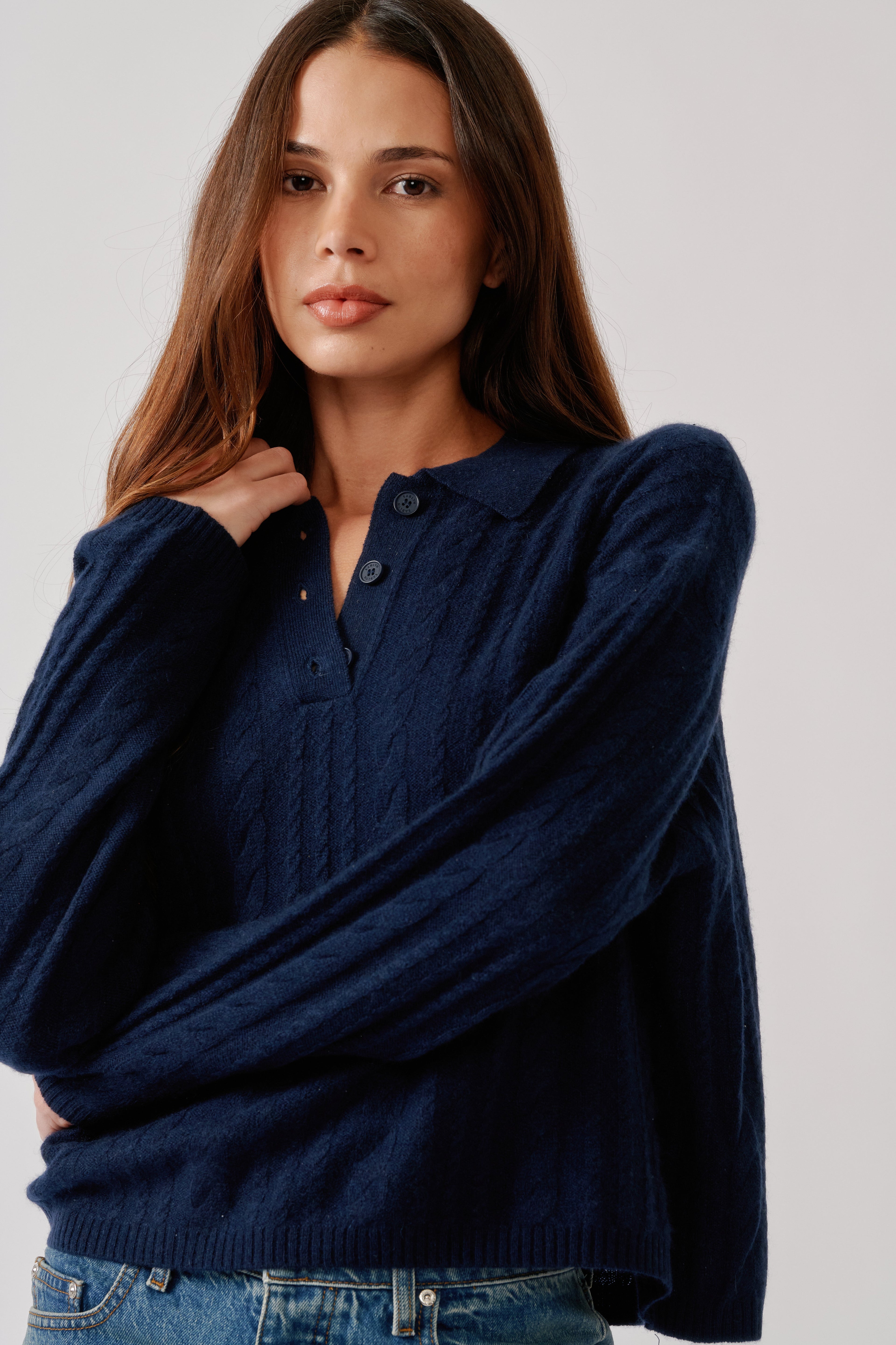 ELSIE RELAXED LS CASHMERE POLO SWEATER | MIDNIGHT NAVY